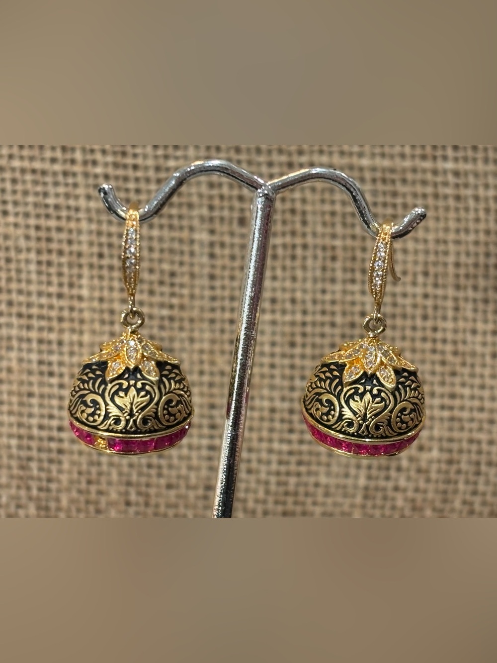 Damascene Jhumka Earrings with Pink stones